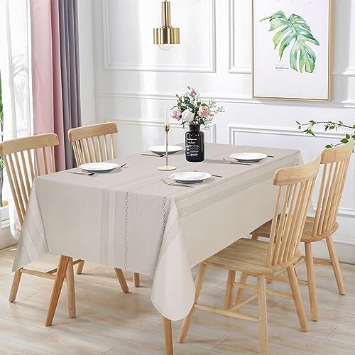 Vonabem 100% Waterproof Rectangle PVC Tablecloth, Vinyl Table Cloth Cover with Flannel Backing Oil Spill Proof Wipeable Table Cloths for Indoor Outdoor(Coffee Stripe,52x70IN