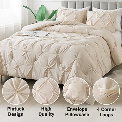 Andency Khaki Pinch Pleat Comforter Queen(90x90Inch), 3 Pieces(1 Pintuck Comforter and 2 Pillowcases) Pintuck Comforter Set, Microfiber All Season Down Alternative Bedding Set