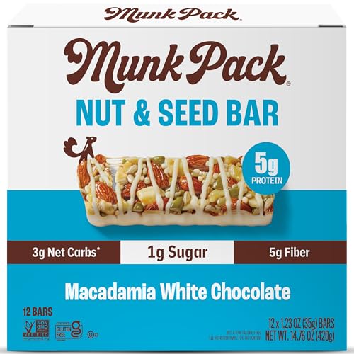 Munk Pack Keto Snack Bars, Macadamia White Chocolate - Healthy Low Carb Nut Bar with 6g Protein, 1g Sugar with Allulose - Gluten Free & Low Glycemic - 12 Count
