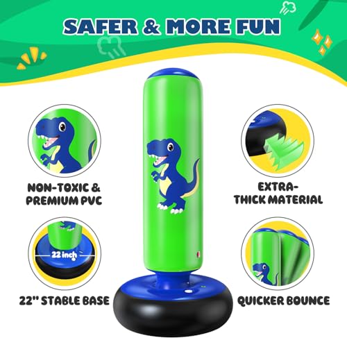 QPAU Inflatable Punching Bag, 48 Inch Stable Inflatable Boxing Bag for 3-6 Kids,Dinosaur Toy & Gifts for Boys and Girls, Kids Boxing Set for Practicing Karate, Taekwondo