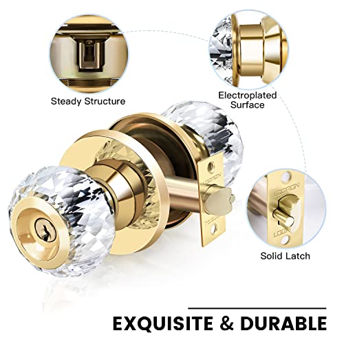 LOQRON Crystal Door Knobs with Lock and Keys with Privacy Lock, Luxurious Diamond Classic Interior Glass Door Knobs for Bedroom Bathroom Gold,1 Pack