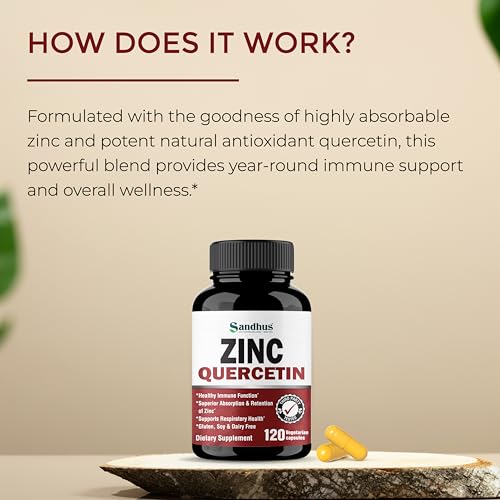 Sandhu’s Zinc Quercetin 120 Vegetarian Capsules – Zinc Supplements for Antioxidant Immune Support Zinc for Men and Women – Gluten, Soy, Dairy Free