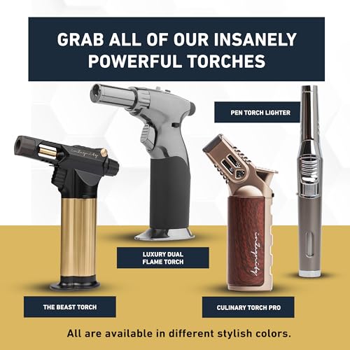 Dual Flame Butane Torch - Refillable Handheld Blow Torch for Cooking, Soldering, & Resin Art w/Adjustable Flame & Ignition Lock - Kitchen Blow Torch & Luxurious Gift Box by inZaynity - Brown Steel
