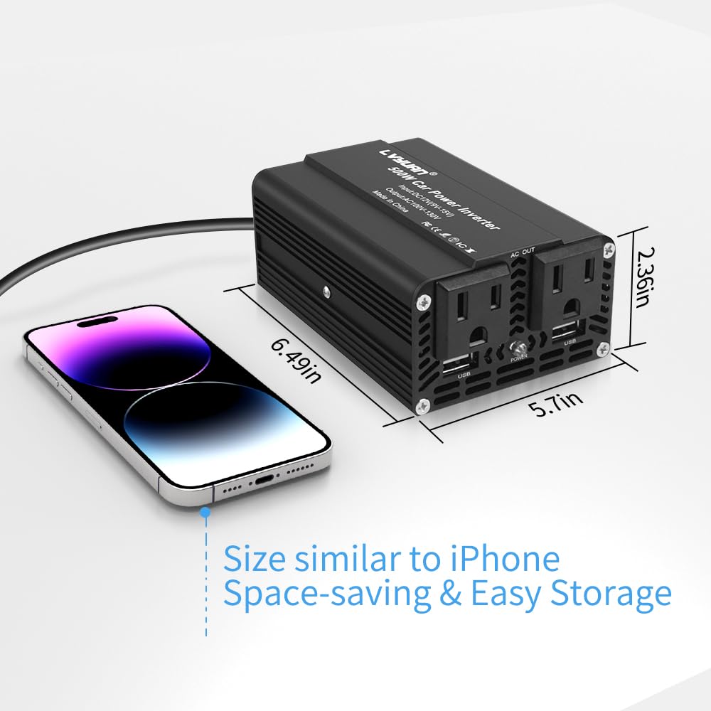 LVYUAN 500W Power Inverter for Vehicles DC 12V to 110V AC Car Plug Adapter Outlet Converter with 3.1A Dual USB Car Charger for Laptop Computer Black
