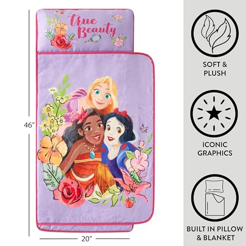 Disney Princess Toddler Quilted Nap Mat – Super Soft Plush Sleep Mat with Built-in Blanket & Pillow, 20" W x 46" L, Portable and Cozy for Daycare, Preschool, or Travel