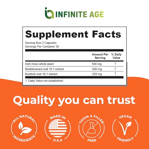 INFINITE AGE: 1250mg Sea Moss Advanced Superfood - High-Potency, Vegan, Made in The USA - Irish Sea Moss, Bladderwrack, Burdock Root - Overall Health, Immunity Support, 60 Sea Moss Capsules