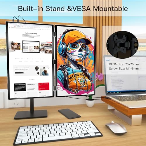 Virzen Triple Screen Extender 120hz 18.5" Portable FHD 1080P Monitor Folding Stacked Travel Monitor Automatic Rotation for Windows Mac OS Kickstand VESA Mountable