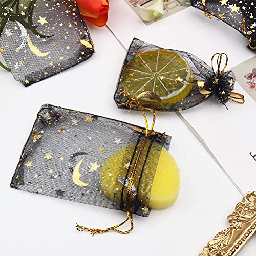SUMAJU 100 Pieces Moon Star Organza Jewelry Candy Bags, 2.7x3.5 Inch Sheer Black Organza Pouch Small Gift Bags with Drawstring for Wedding Party Favors