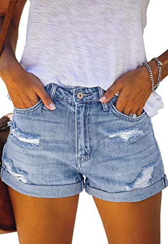 Metietila Women's Ripped High Waisted Jean Shorts Stretchy Folded Hem Denim Shorts Jeans Bright Cobalt M