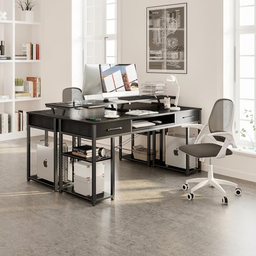 ODK Computer Desk with Drawers, 55 Inch Office Desk with Power Outlet and Keyboard Tray & Storage Shelves & PC Stand, Office Table Work Desk with Monitor Stand, Black