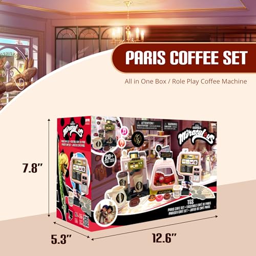 Miraculous Ladybug Cafe Play Set, Pretend Role Play Coffee Machine, Interactive Cash Register with Sound and Light - Toys for Kids with Kitchen Accessories, Bakery, Bills, and Coins