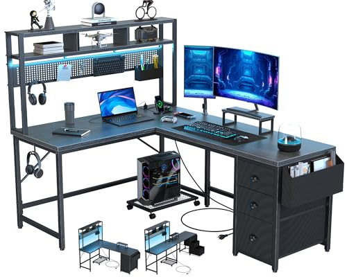 DOMICON Gaming Desk Computer Desk with Storage, L Shaped Desk with Power Outlet & LED Strip, Office Desk with Pegboard, Corner Deck for Home Office Black