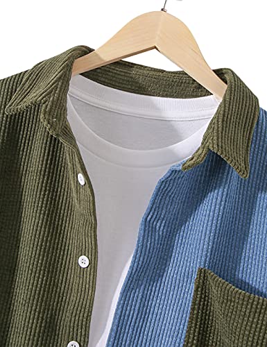 UANEO Mens Shacket Patchwork Long Sleeve Button Down Corduroy Shirts for Men (ArmyGreen-S)