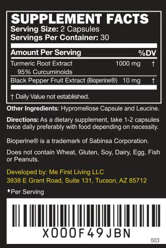 Me First Living Turmeric Curcumin 1000 mg 95% Curcuminoids, Bioperine 10 mg, 19x More Potent Than Others, Increased Absorption, Non-GMO, Organic Turmeric, Vegan, Gluten Free, 60 Capsules