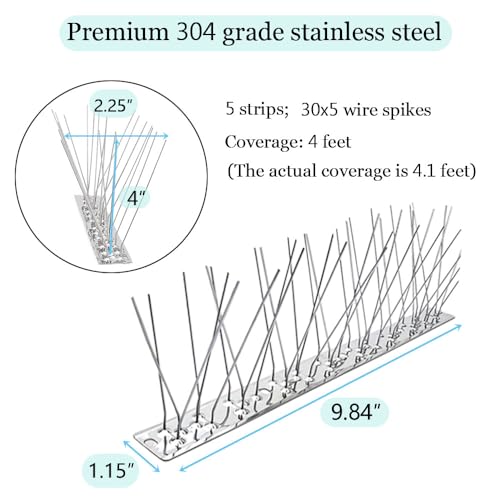 PANGCH Bird Spikes for Pigeons Small Birds,Stainless Steel Bird Spikes -No More Bird Nests & Poop-Disassembled Spikes 5 Strips 4.1 Feet Coverage