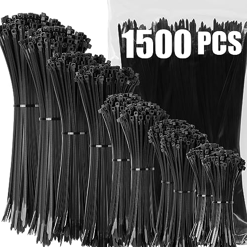 XINGO Black Zip Ties Assorted Size 1500 Pack, 4+6+8+10+12 Inch, Self-Locking UV Resistant Nylon Cable T iesPerfect for Home, Office, Garden and Workshop 