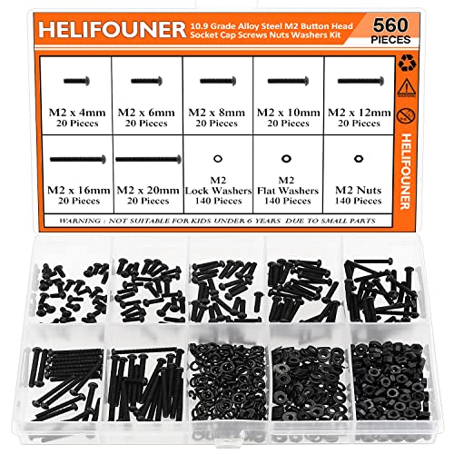 HELIFOUNER 560 Pieces M2 x 4mm /6mm /8mm /10mm /12mm /16mm /20mm, Button Head Socket Cap Screws Bolts Washers Nuts Kit, 10.9 Grade Alloy Steel, Full Threaded, Black