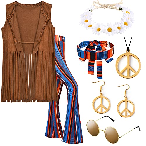 ZeroShop 70s Outfits for Women,Hippie Costume Fringe Vest,60s Decades Clothes Pants,Hippy Glasses,Headbands Flower Crown,Earrings,Necklaces Accessories for Halloween,1-S