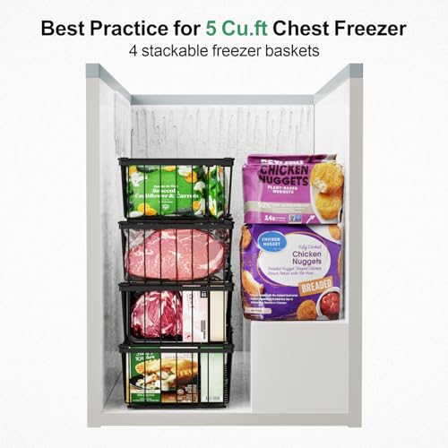 iSPECLE Freezer Organizer Bins - 4 Pack Stackable Chest Freezer Organizer for 5 Cu.FT Deep Freezer Sort Frozen Food, Deep Freezer Organizer Bins Get Food Easily with Handle Add Storage Space, Black