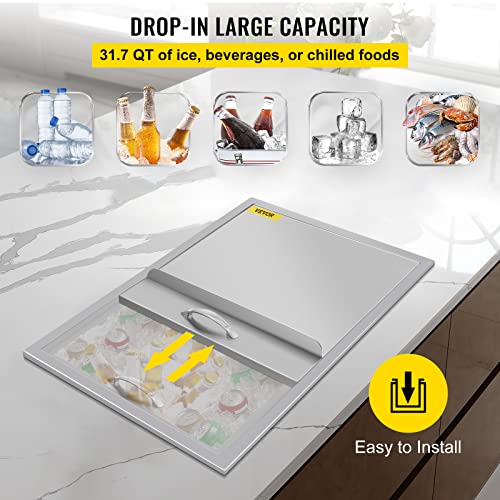 Happybuy Drop in Ice Chest 18L x 12W x 14.5H Inch Stainless Steel Ice Cooler with Sliding Cover Drop in Ice Bin Included Drain-pipe and Drain Plug for Cold Wine Beer