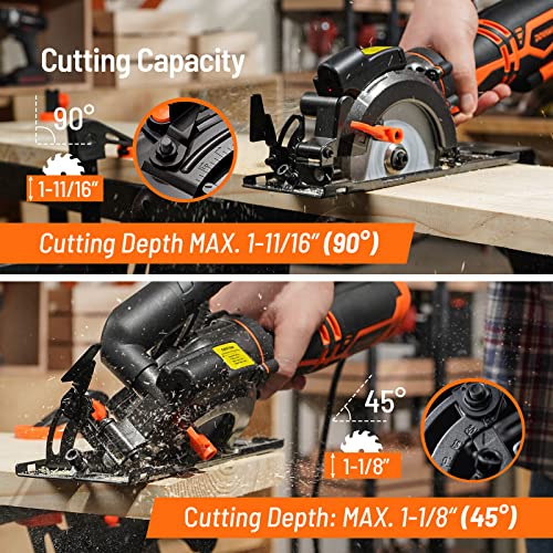 DOVAMAN Circular Saw, 5.8A 4-1/2" Compact Circular Saw w/Contractor Bag, Laser Guide, Metal Auxiliary Handle, Multi-Material Cuts w/ 6 Saw Blades, Tool-Free Adjustment of Angle & Depth (Max 1-11/16")
