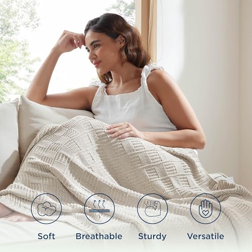 Bedsure 100% Cotton Knitted Throw Blanket for Couch, Checkered Chunky Knit Blanket for Summer, Soft Breathable and Lightweight Linen Beige Throw Blanket, Throw (50" x 60")