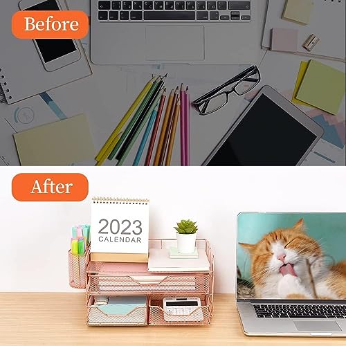 Youbetia Paper Tray Organizer with Mesh File Holder, 5 Tier Desk Accessories & Workspace Desk Organizers with Pen Holder, Office Desk Accessories Desktop Organization for Office Supplies (Black)