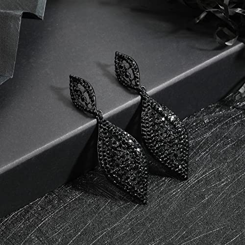 Canboer Fancy Black Rhinestone Crystal Wedding Bridal Long Dangle Drop Earrings Crystal Leaf Chandlier Earrings for Women Party Prom