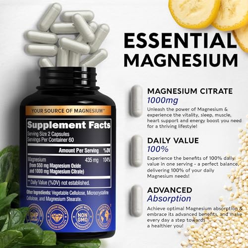 Magnesium Citrate Capsules 1000mg | 100% DV | High Absorption Supplement - Sleep, Muscle & Heart Support - Vegan | Non-GMO - Made in USA - As Powder | Pills | Tablets - 120 Capsules, 2 Month Supply