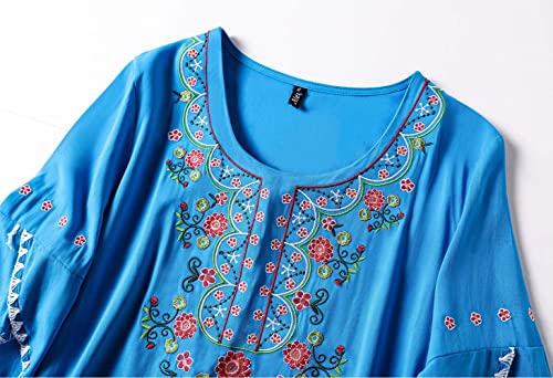 Ashir Aley Mexican Shirts Peasant Blouses Cotton Embroidered 3/4 Sleeve Bohemian Tops Boho Clothes for Women Summer and Fiesta Blue