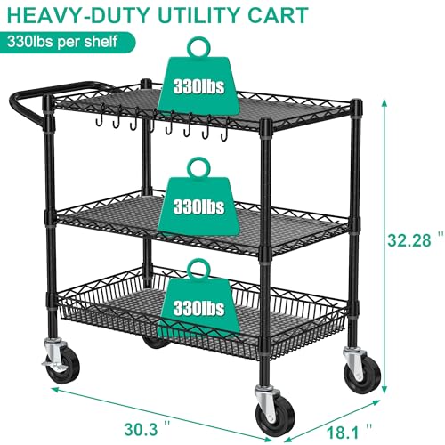 Folews Heavy Duty Rolling Cart with Wheels, 3 Tier Commercial Grade Utility Cart Metal Kitchen Storage Trolley Wire Cart Food Storage Cart Service Cart with Handle Bar & Shelf Liner, Black