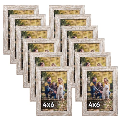 Lyeasw Rustic 4x6 Picture Frame Set of 12, Multi Woodgrain Farmhouse Photo Frames for Wall or Tabletop, Beige