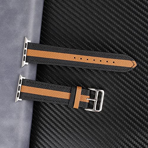 VAKS Compatible with Apple Watch Leather Band 41mm 40mm 38mm for Women Men, Genuine Leather WristBands Replacement Strap for iWatch Series SE2/8/7/6/5/4/3/2/1/SE, Black Brown Black