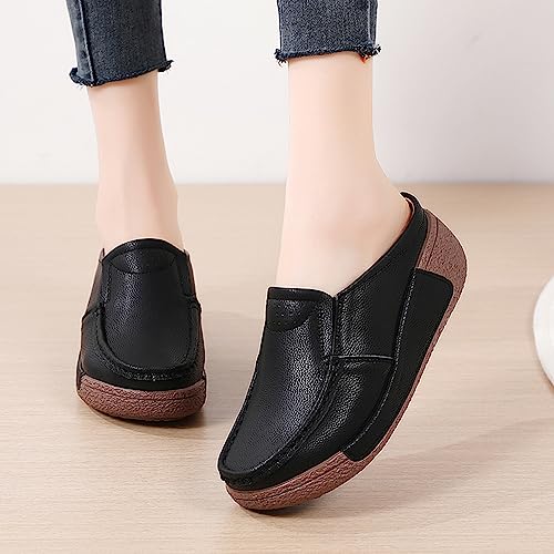 YING LAN Women Slip On Loafers Comfort Leather Wide Low Top Casual Platform Shoes B-White