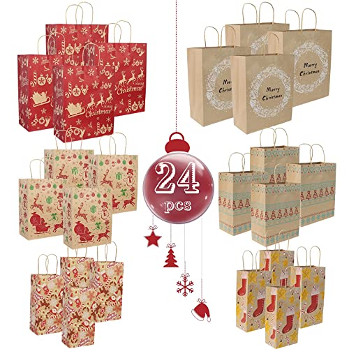 YDP Christmas Gift bags-24Count Kraft Assorted Sizes Holiday Wrapping Paper Gift Bag With Handle-Great for Christmas Gift For Women, Mum, Kids Dad (MIX, Xmas)