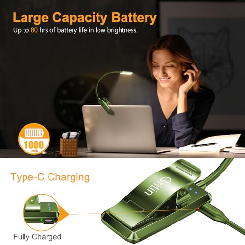 Gritin 9 LED Rechargeable Book Light for Reading in Bed - Eye Caring 3 Color Temperatures,Stepless Dimming Brightness,80 Hrs Runtime Small Lightweight Clip On Book Reading Light for Studying