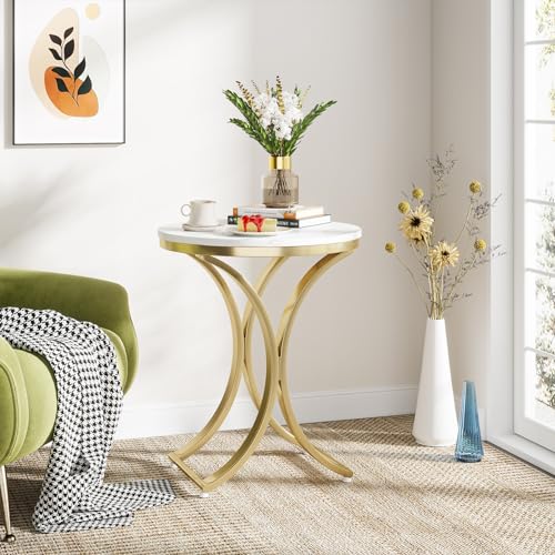 Tribesigns Small Round Sofa Side Table, Faux Marble White and Gold End Table, Contemporary Side Table Bedside Coffee Table (1PCS)