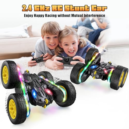 Jimdella Remote Control Car,RC Cars with sides light strip and Headlights,Double Sided 360 Flips Rotating RC Stunt Car,2.4Ghz All Terrain Toys for Ages 4-6 Kids Toy for Boys Girls Birthday Gift(black)