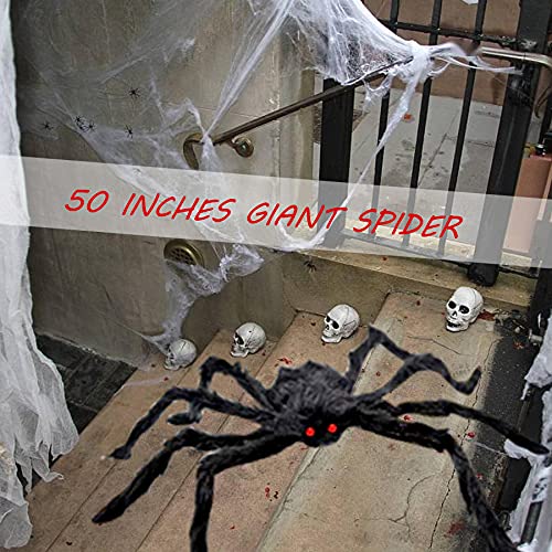 Easeen Halloween Spider Decorations, 50" Scary Giant Spider with 200" Triangle Web & 2×20gr Spider Webs, Large Hairy Spider Props for Halloween Creepy Decor Indoor, Outdoor, Party, Window, Wall, Yard
