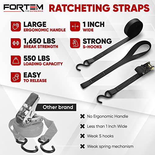 FORTEM Ratchet Straps (4), 1650lb Break Strength, 15ft Tie Down Strap, 4 Soft Loops, Motorcycle Straps Tie Downs, Cargo Straps for Trucks, Metal Hooks
