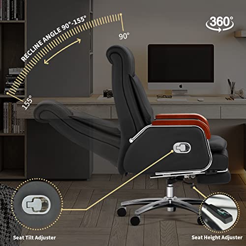 Kinnls Cameron Massage Chair Genuine Leather Executive Office Chair for Long Hours Ergonomic Home Chair Fully Reclining with Pillow,Retractable Footrest and Adjustable Headrest (Cowhide Leather-Black)