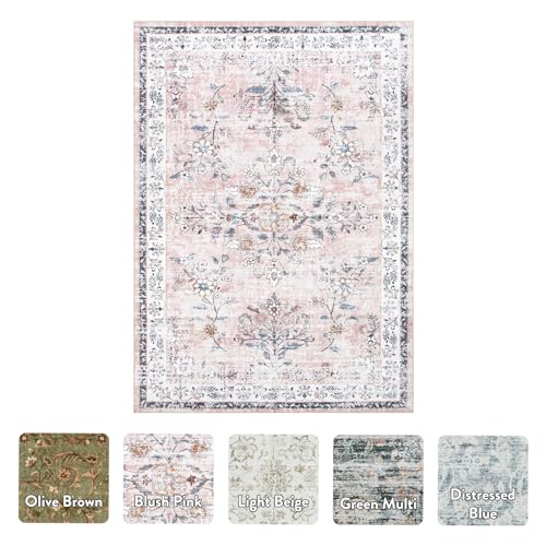 LIVEBOX 5x7 Pink Boho Rugs for Living Room, Soft Nursery Rug Non-Slip Faux Wool Rug for Bedroom Girls, Ultra-Thin Washable Area Rug for Girls Room, Non-Shedding Blush Pink Floral Rug