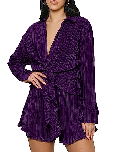 OPOIPIN Women's 2 Pieces Outfits Pleated Deep V Neck Tie Front Long Sleeve Blouse with Shorts Teal Blue Small