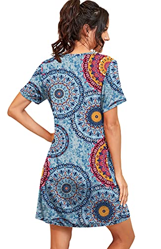 PrinStory Womens Sleepwear Short Sleeve Nightgown Soft Sleepshirt Pleated Nightshirt Scoopneck Casual Loungewear FP-Blue Star Universe-M