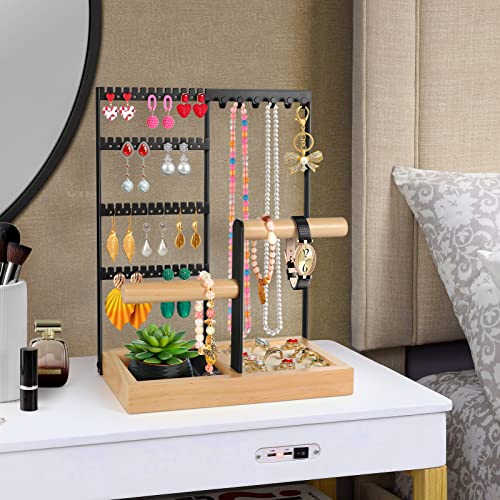 Godboat Jewelry Holder Organizer, 4-Tier Earring Holder with 48 Holes, 6 Hooks Necklace Holder, Removable Bracelet Holder, Gifts for Women, Mom, Mother's Day, Cool Preppy Stuff and Room Decor, Black