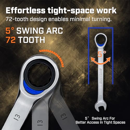 ironcube Ratcheting Wrench Set, 5-Piece, Metric 10mm to 15mm, Chrome Vanadium Steel, 72 Tooth Gear with Storage Rack