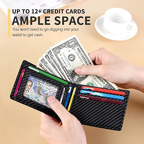 RUNBOX Wallet for Men Slim 11 Credit Card Holder Slots Leather RFID Blocking Small Thin Men's Wallet Bifold Minimalist Front Pocket Large Capacity Gift Box Coffee