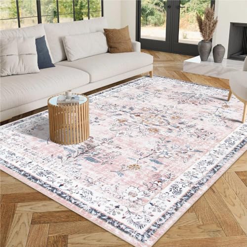 LIVEBOX 5x7 Pink Boho Rugs for Living Room, Soft Nursery Rug Non-Slip Faux Wool Rug for Bedroom Girls, Ultra-Thin Washable Area Rug for Girls Room, Non-Shedding Blush Pink Floral Rug