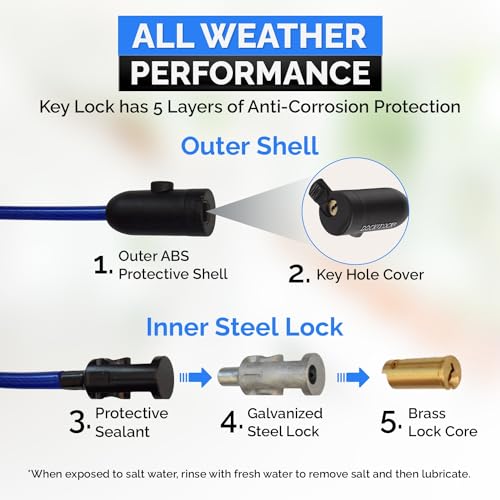 DocksLocks Weatherproof Security Cable Lock with Keys (5ft to 25ft Lengths) Anti-Theft for Kayak, Bike, Paddleboard, Scooter, Equipment, Bicycle 5ft