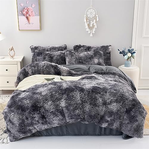 WINLIFE Shaggy Comforter Set Twin Grey for Boys Teens Faux Fur Bedding Sets Flannel Furry Comforter Plush Comforter Sets Gradient Ombre Tie Dye Bed Sets (3Pcs, Twin, Dark Grey)